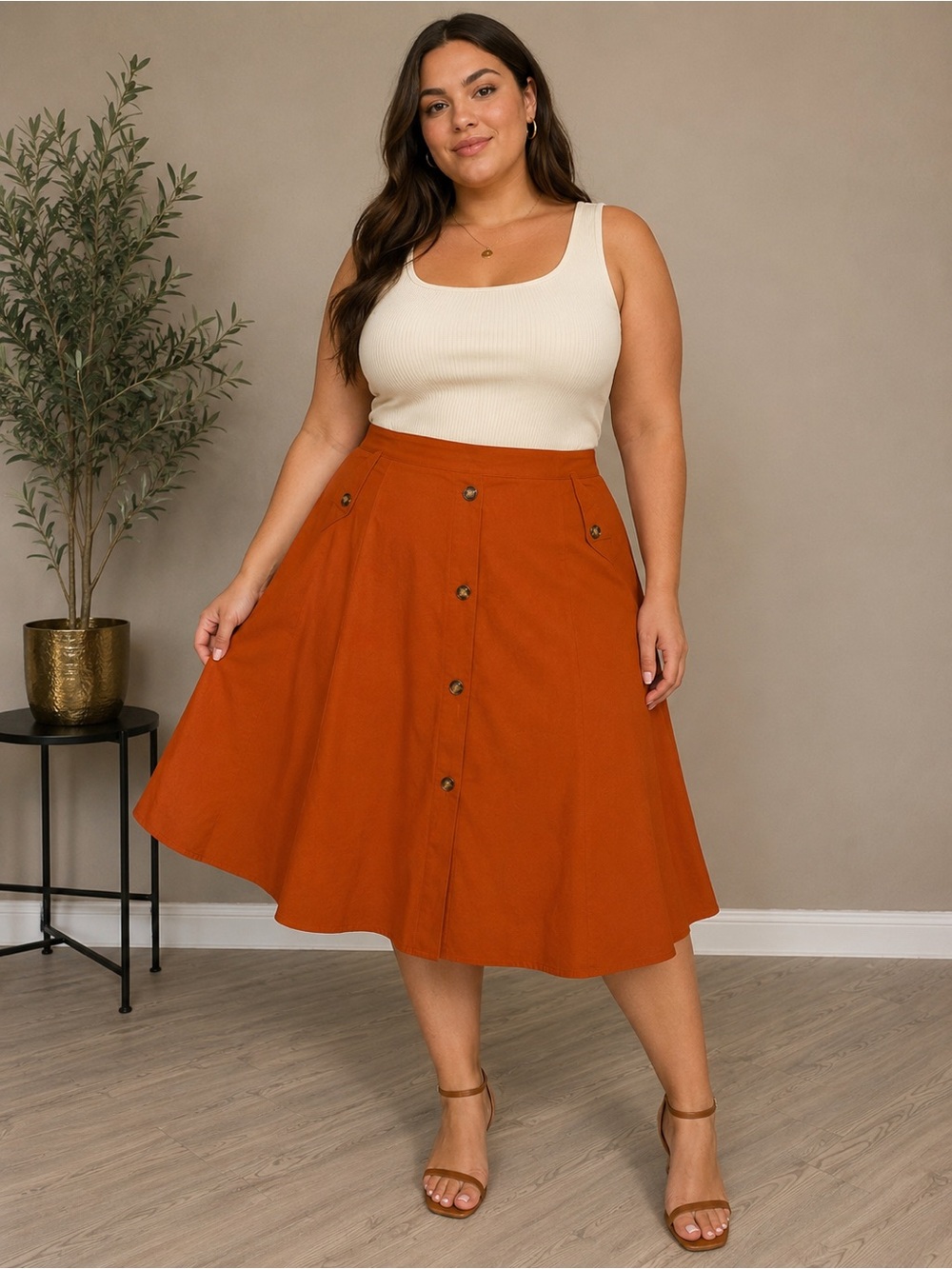 SHEIN Rust Orange Button-Front Circle Skirt